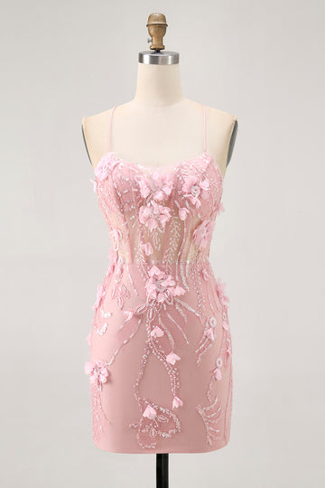Blush Bodycon Corset Sequin Homecoming Dress with 3D Flowers